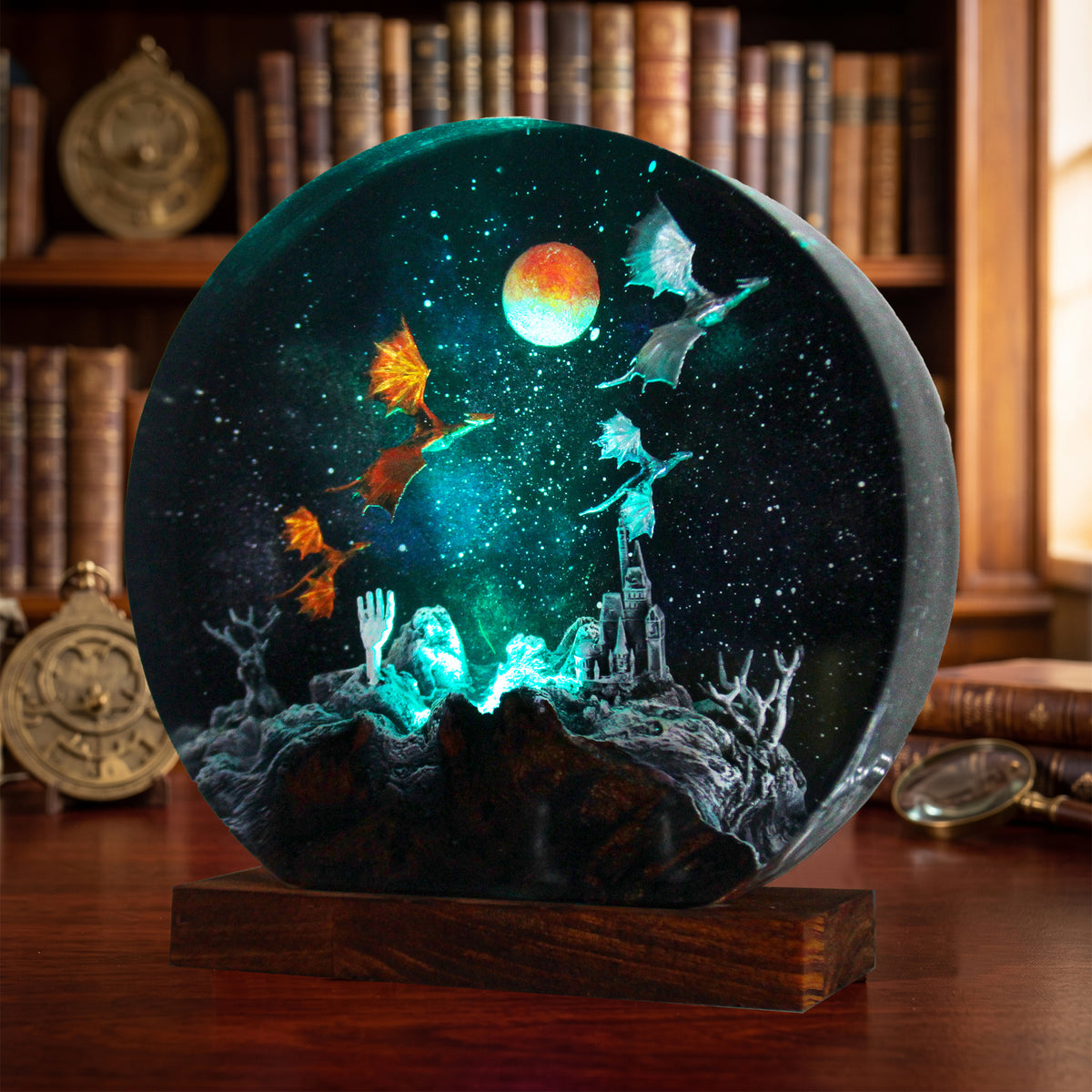 Fantasy Dragon Resin Lamp, Handmade Galaxy Diorama Night Light