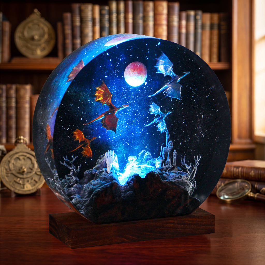 Fantasy Dragon Resin Lamp, Handmade Galaxy Diorama Night Light