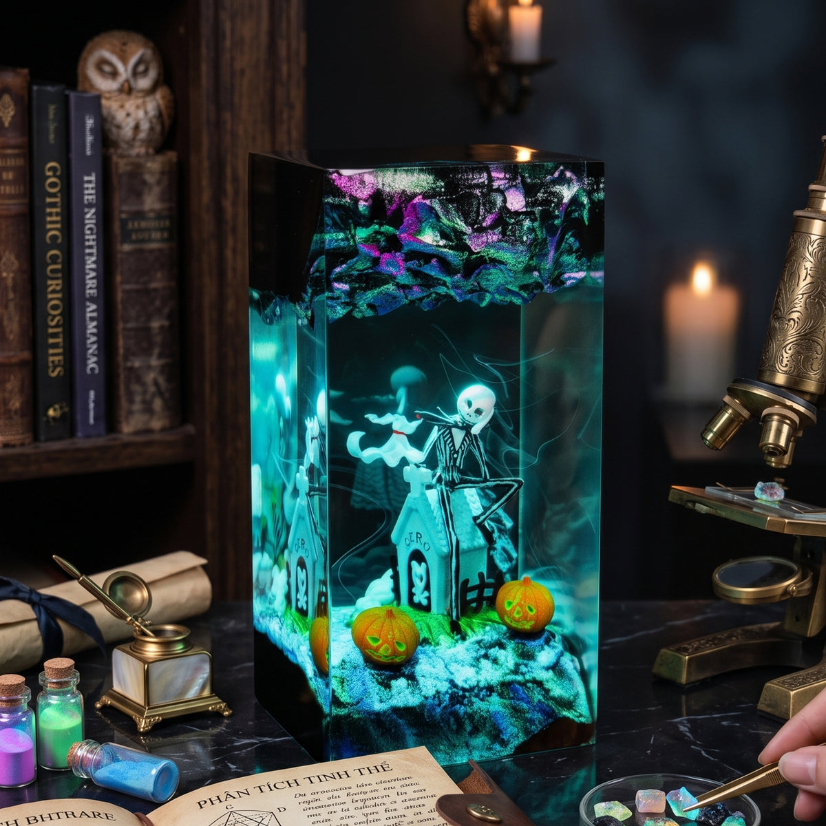 A Halloween-themed acrylic folding display box set up on a dark desk with candles, books, a microscope, and small bottles around it. The box contains a skeleton figure, a haunted house, glowing green and blue effects, and two jack-o'-lanterns.