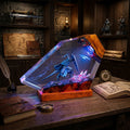 Handcrafted Artorias Dark Souls epoxy resin lamp glowing with blue LED on natural wood base