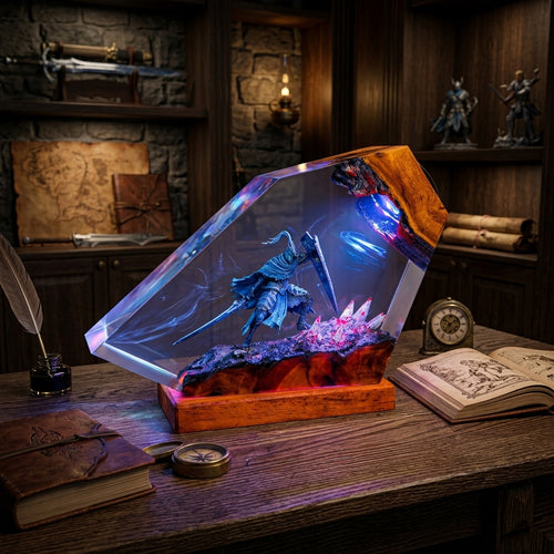 Handcrafted Artorias Dark Souls epoxy resin lamp glowing with blue LED on natural wood base