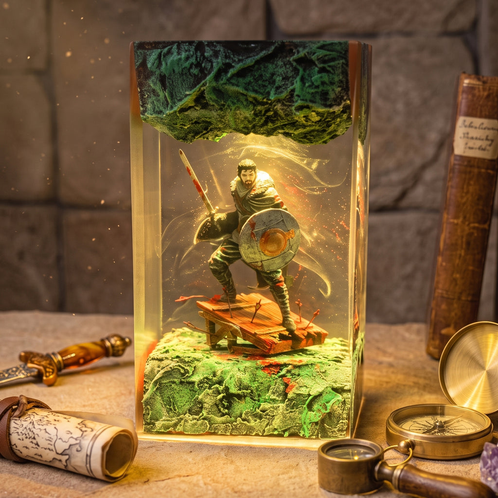 A fantasy warrior resin keepsake box displayed on a stone surface with vintage props like a compass, magnifying glass, and old book. The box contains a detailed warrior figurine holding a sword and shield, set against a dramatic green and orange background.