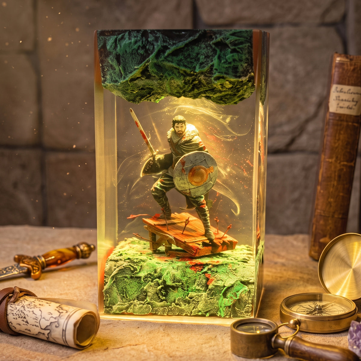 A fantasy warrior resin keepsake box displayed on a stone surface with vintage props like a compass, magnifying glass, and old book. The box contains a detailed warrior figurine holding a sword and shield, set against a dramatic green and orange background.