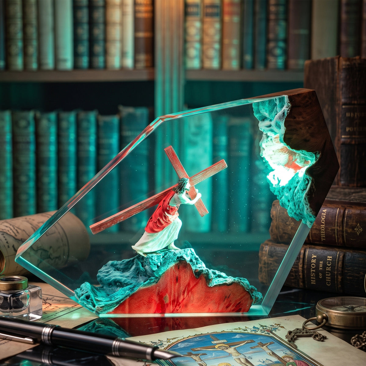 A clear acrylic crystal lamp shaped like a cross, featuring a miniature figurine of Jesus carrying the cross on a rocky mountain scene with glowing teal and red internal lighting, displayed on a desk in front of a bookshelf.