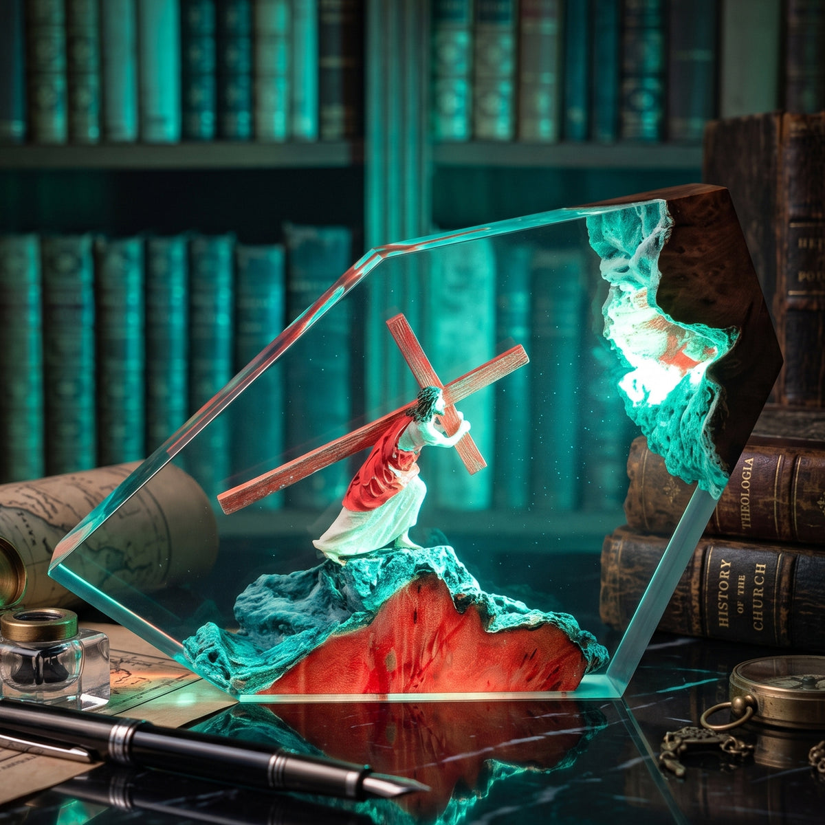 A decorative acrylic crystal lamp shaped like a mountain scene with a figure carrying a cross, shown on a dark desk with books and desk accessories in a library setting.