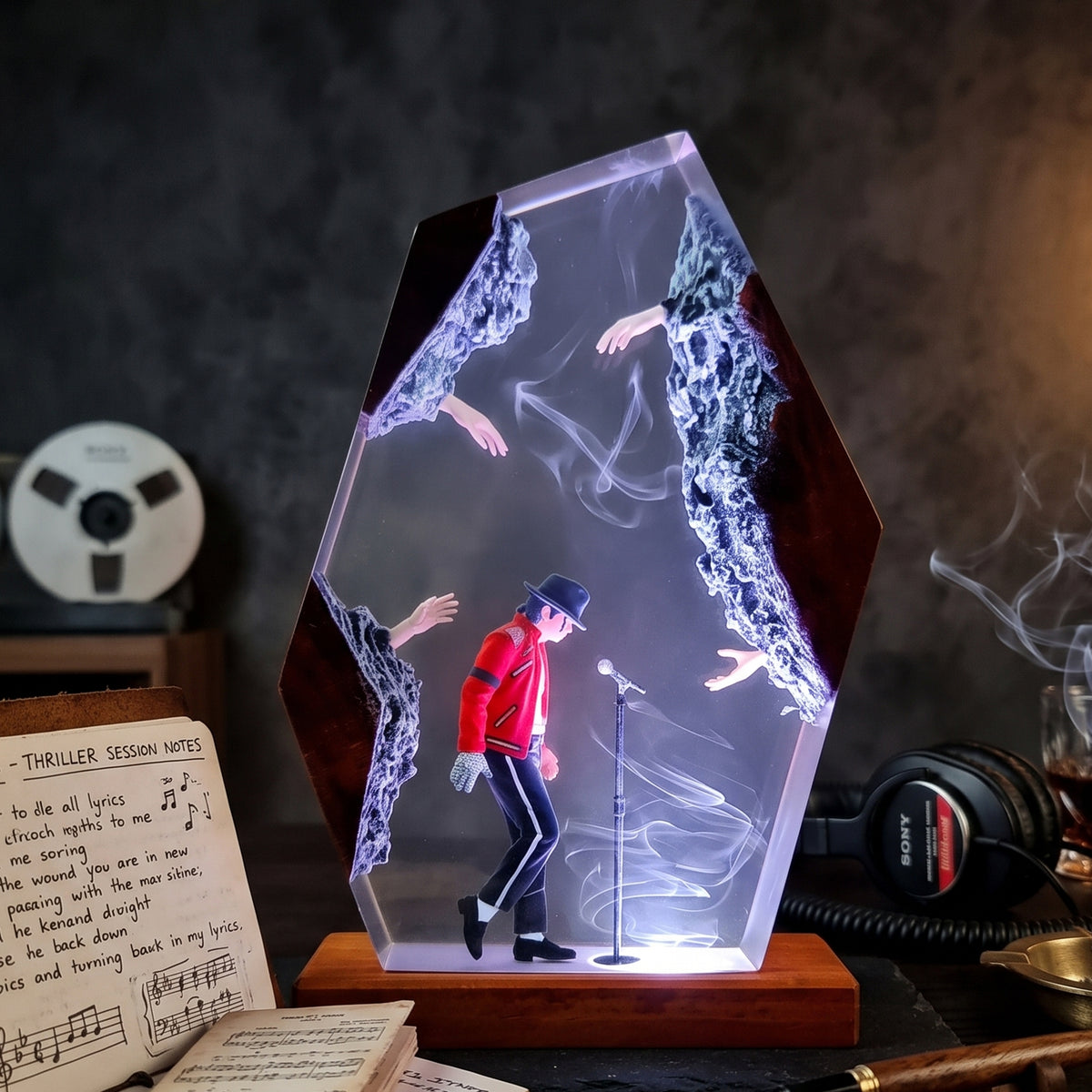 A Michael Jackson 'Thriller' themed LED light sculpture on a wooden base, displayed on a desk with a vintage reel, handwritten notes, and headphones in a moody setting.