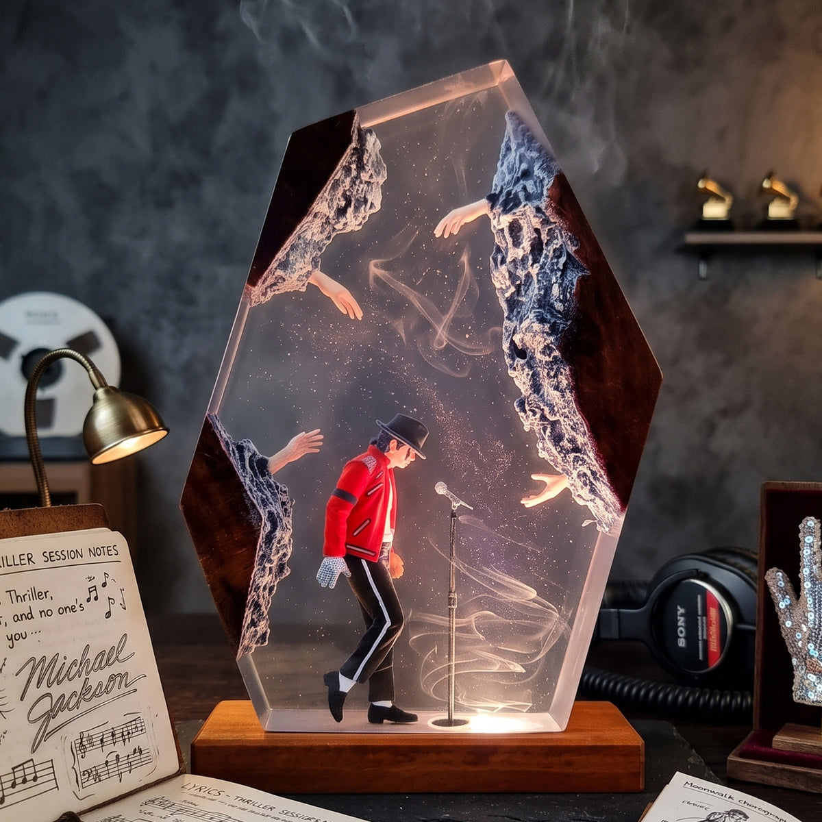 A Michael Jackson-themed resin crystal lamp on a wooden base, featuring a miniature figure in a red jacket and black pants performing on stage, surrounded by smoke and icy crystal formations.